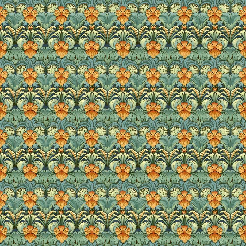 Ornate Green Orange Floral Stripe Wildflower Pattern Botanical