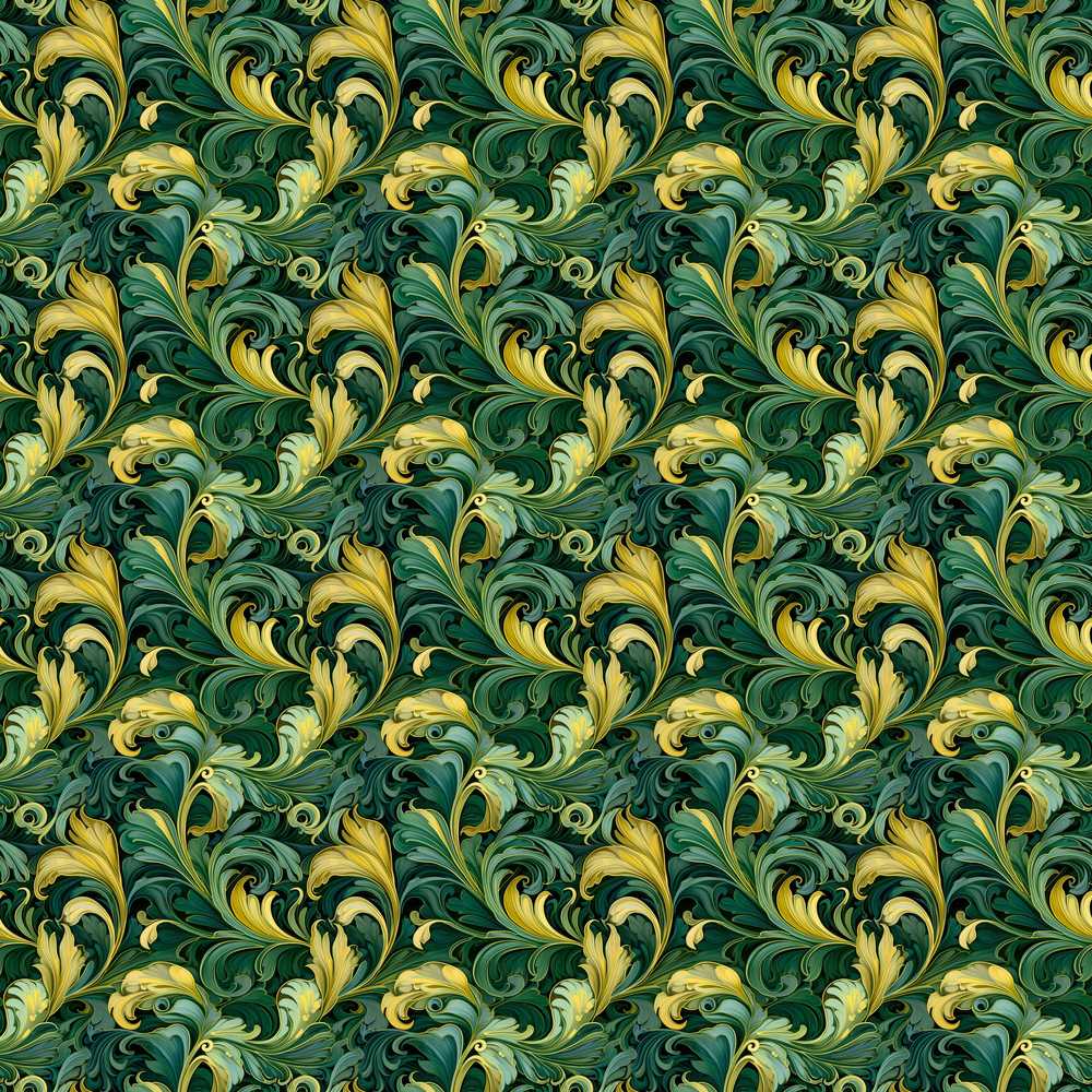 Deep Green Gold Leaf Swirl Wildflower Pattern Botanical
