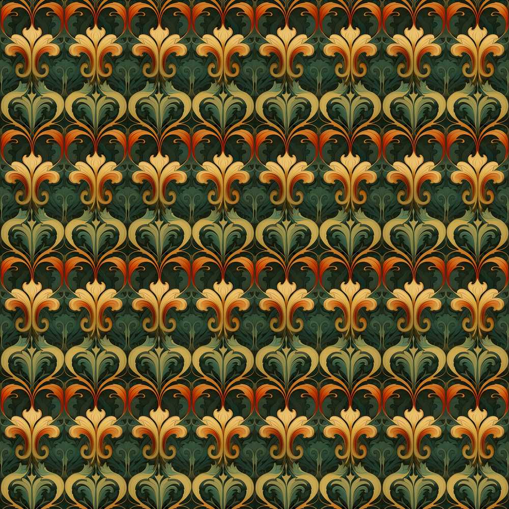 Vintage Green Orange Fleur Motif Decorative Repeat Pattern