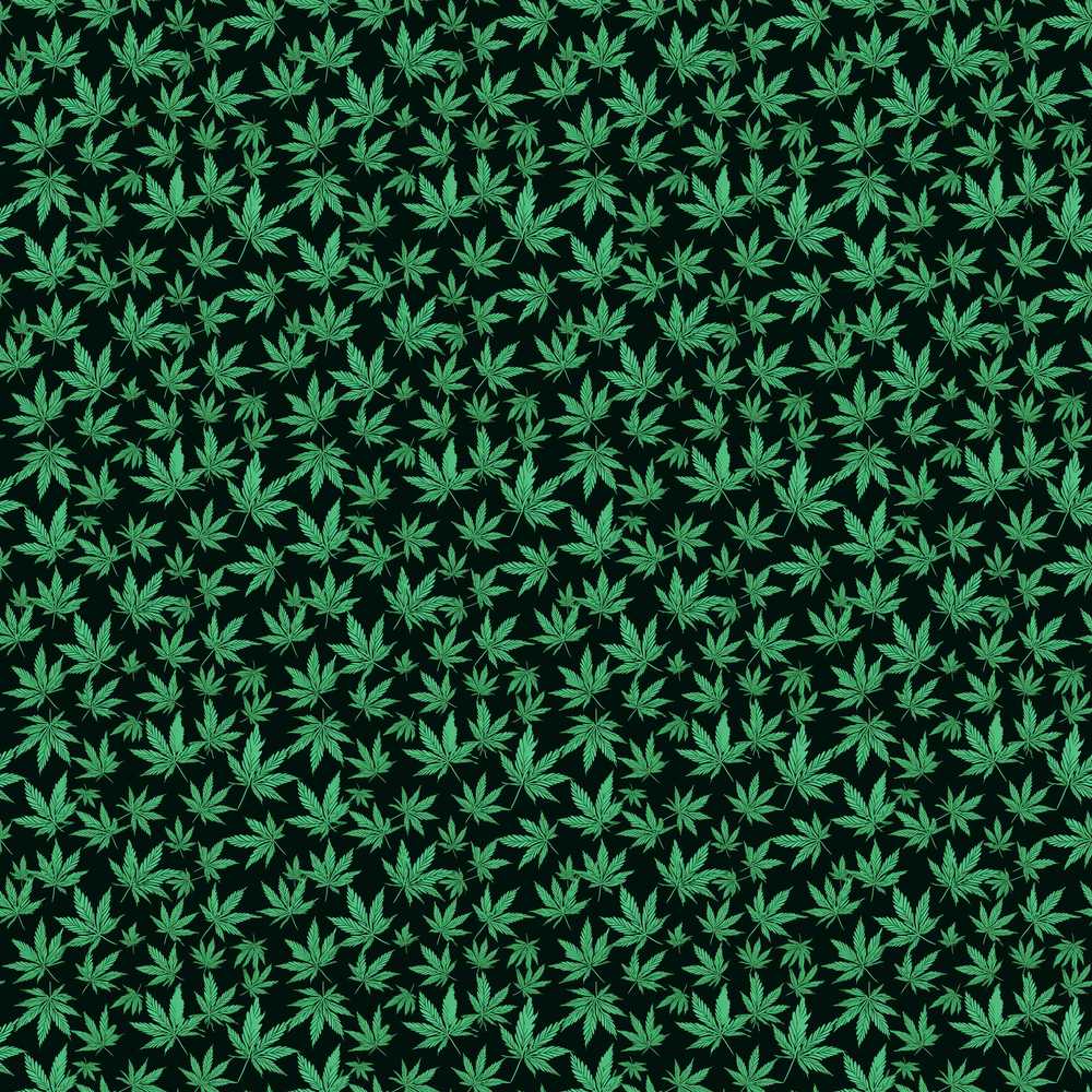 Dark Green Cannabis Leaf Scatter on Black Wildflower Pattern