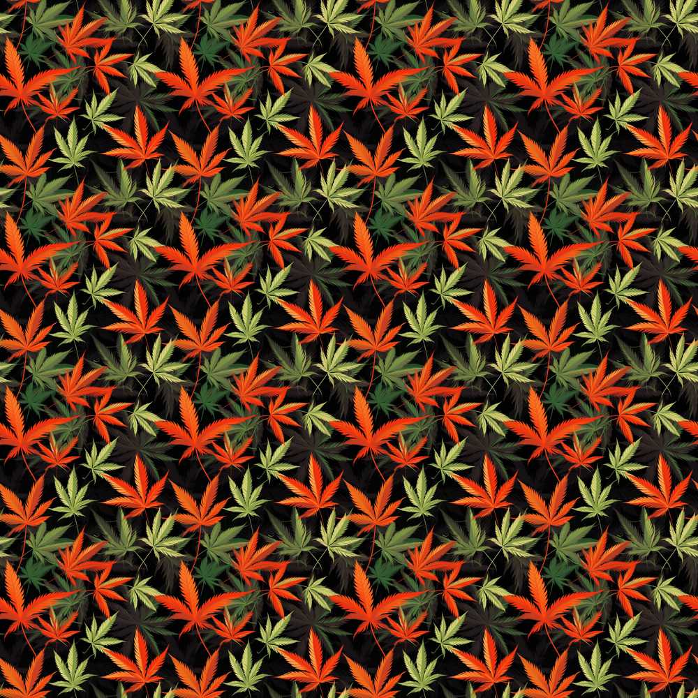 Autumn Red and Green Cannabis Leaves Dense Wildflower Pattern