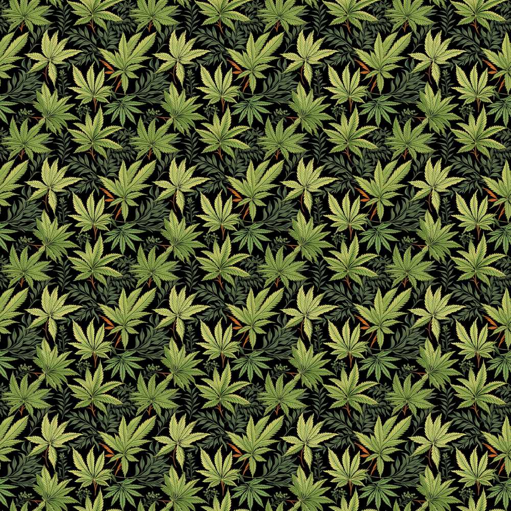 Dark Background Botanical Cannabis Leaf Repeat Wildflower Pattern