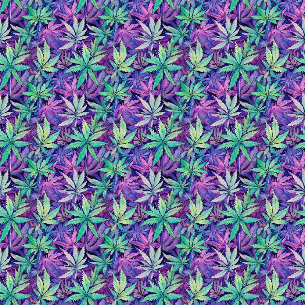 Vibrant Purple and Teal Cannabis Leaves Dense Wildflower Pattern