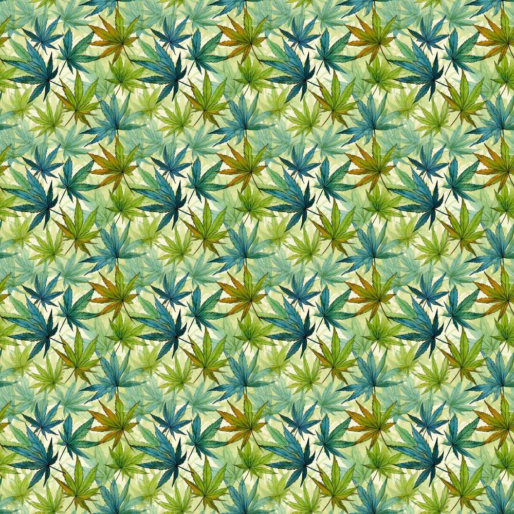 Soft Blue Green and Mustard Cannabis Leaves Wildflower Pattern