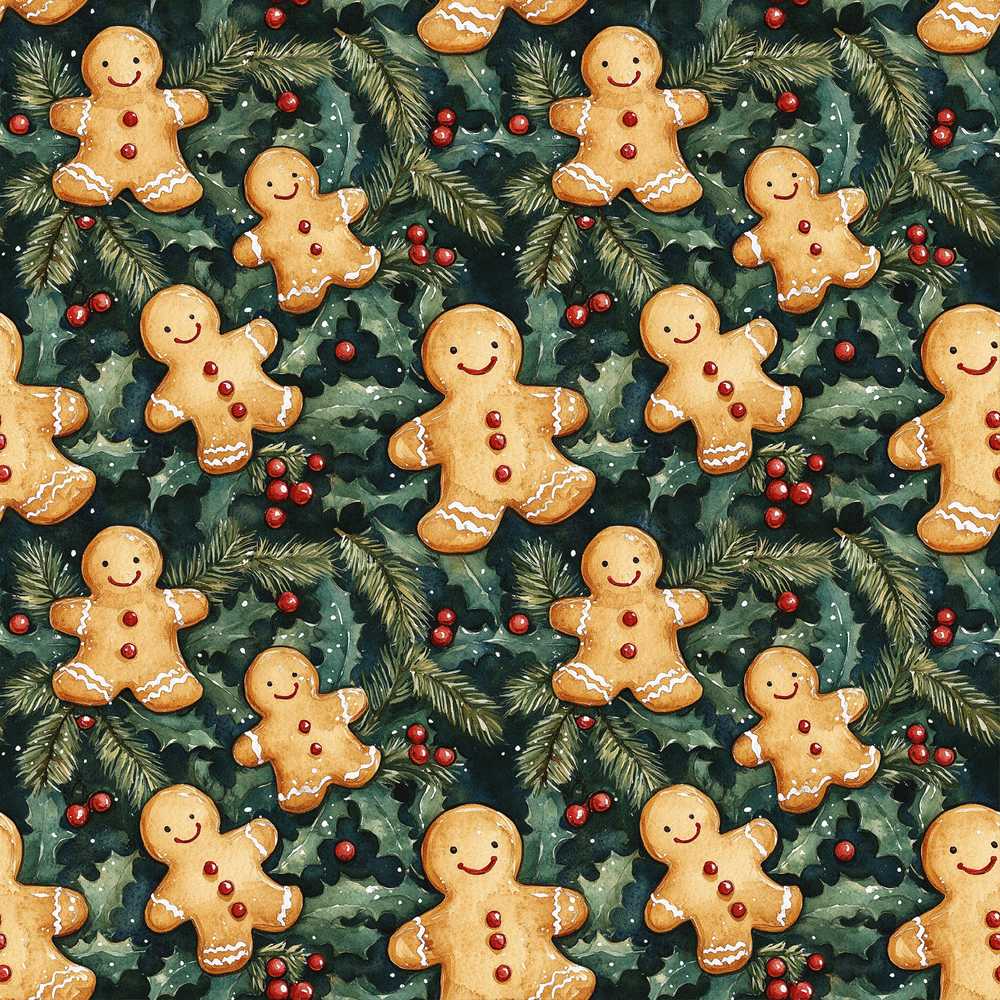 Festive Gingerbread Cookies with Holly Leaves Wildflower Pattern Botanical