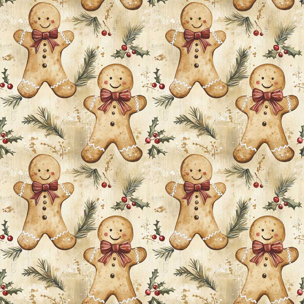 Vintage Gingerbread Men with Bows and Pine Branches