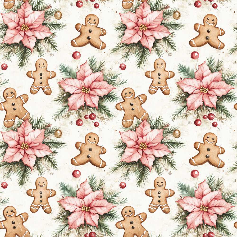 Cute Gingerbread Cookies with Poinsettia Flowers Wildflower Pattern Botanical