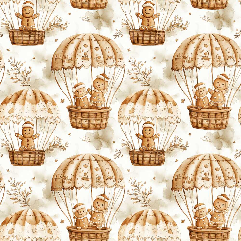 Cute Gingerbread Friends in Hot Air Balloons Vintage Style