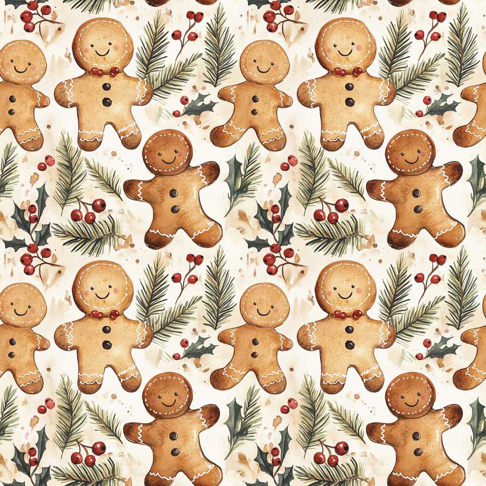 Cute Gingerbread Cookies with Pine Branches and Red Berries