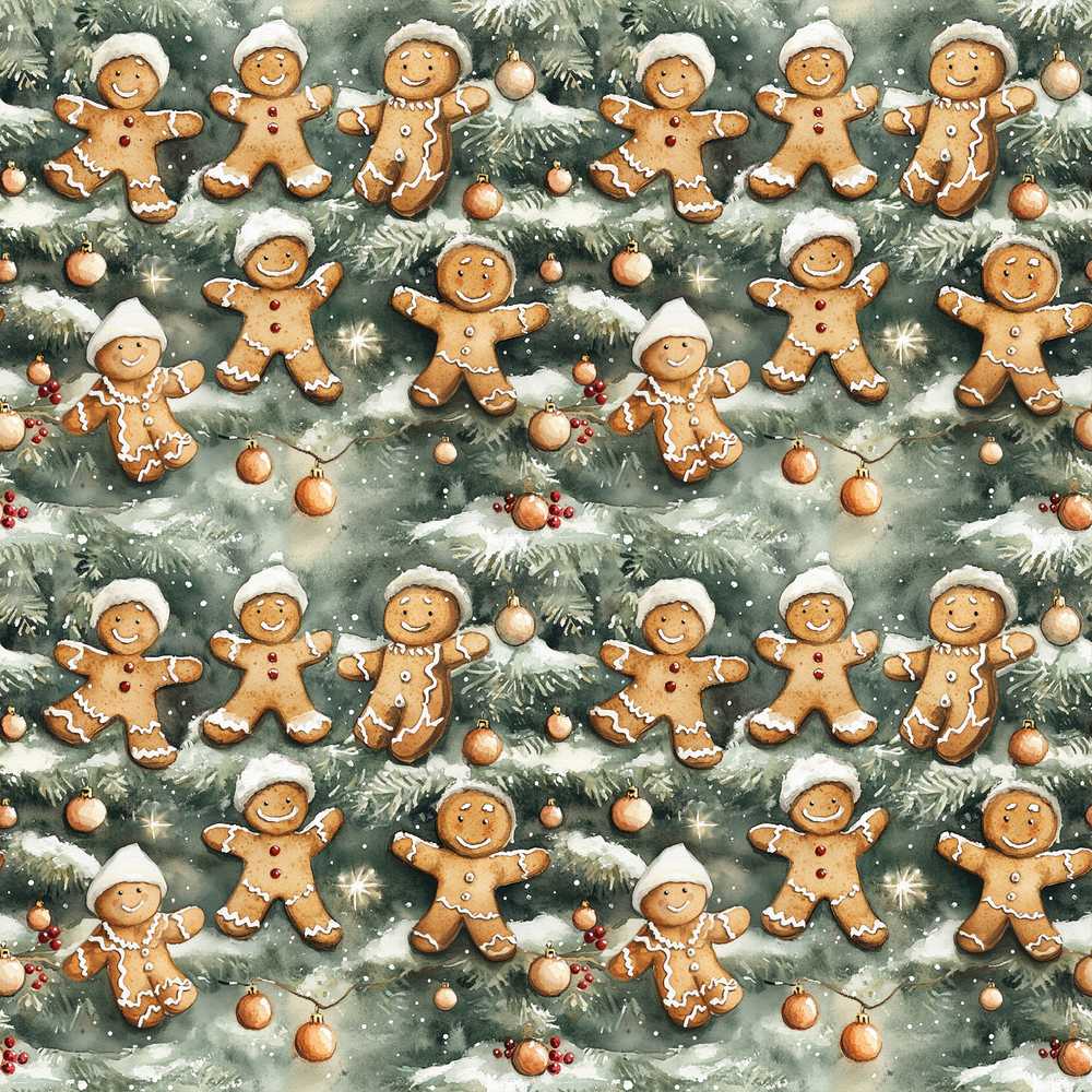 Cute Gingerbread Cookies on Christmas Tree Background Festive