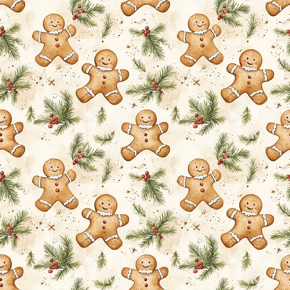 Cute Gingerbread Cookies with Pine Sprigs and Snowflakes