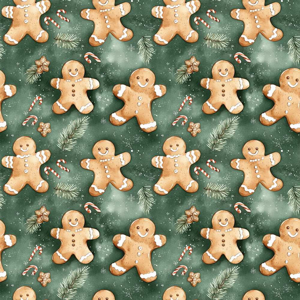Cute Gingerbread Cookies on Green Festive Background Decorative