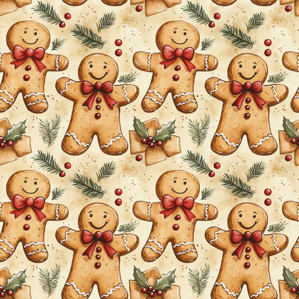 Cute Gingerbread Cookies with Red Bows and Holly Leaves