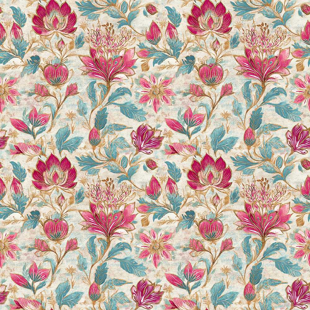 Vintage Botanical Floral Pattern with Pink Blooms Wildflower