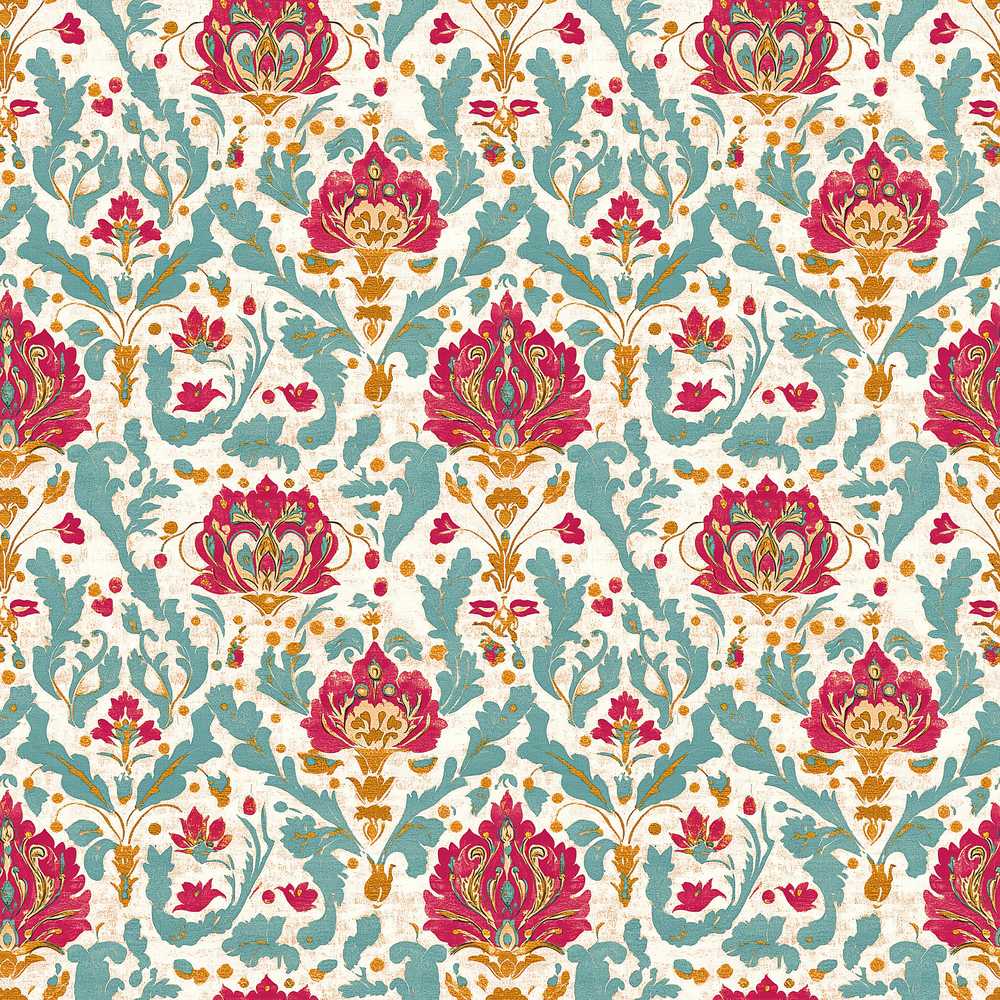 Decorative Damask Floral Pattern with Teal and Pink Accents