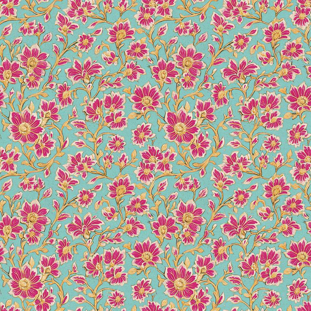 Vintage Floral Vine Pattern with Pink Blossoms on Blue