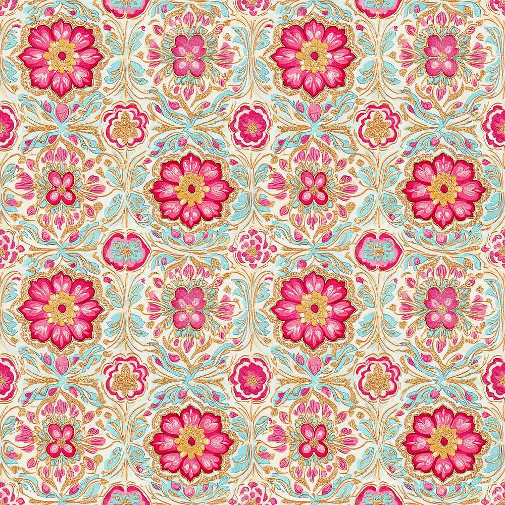 Vintage Floral Medallion Pattern with Pink Blooms and Teal Leaves