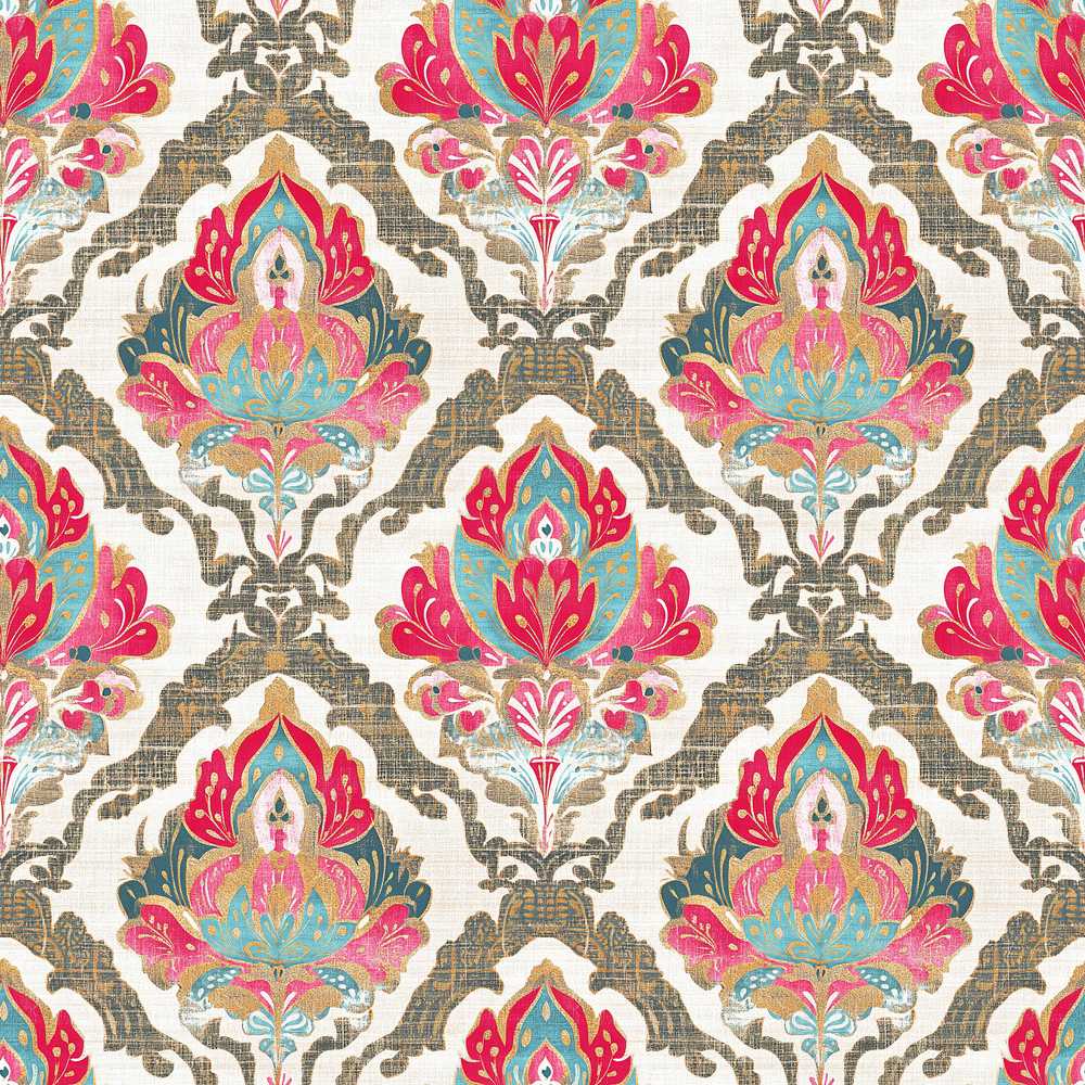 Ornate Damask Floral Pattern with Pink and Teal Motifs