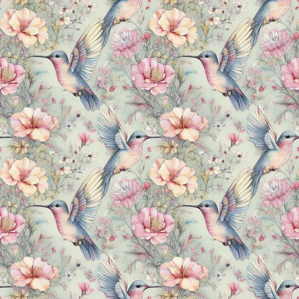 Delicate Hummingbird and Blossoms Pastel Garden Wildflower Pattern Botanical