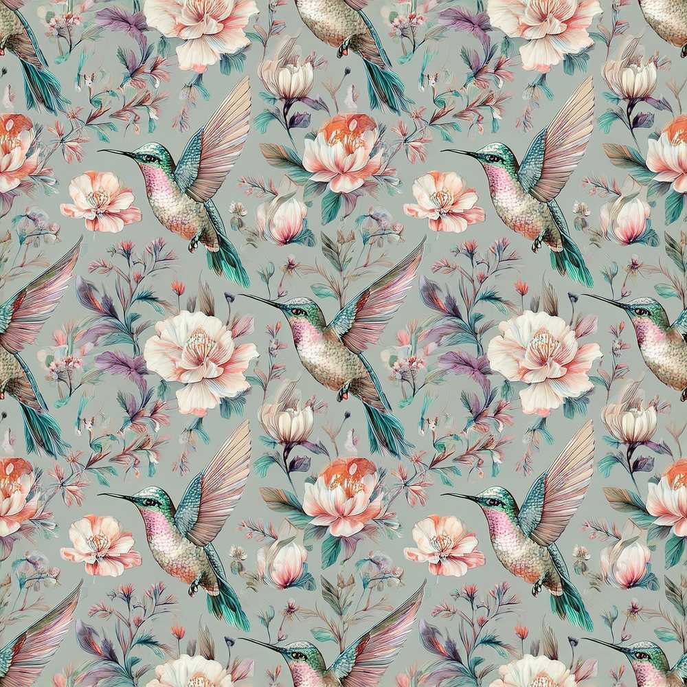 Elegant Hummingbird with Soft Pink Flowers Wildflower Pattern Botanical