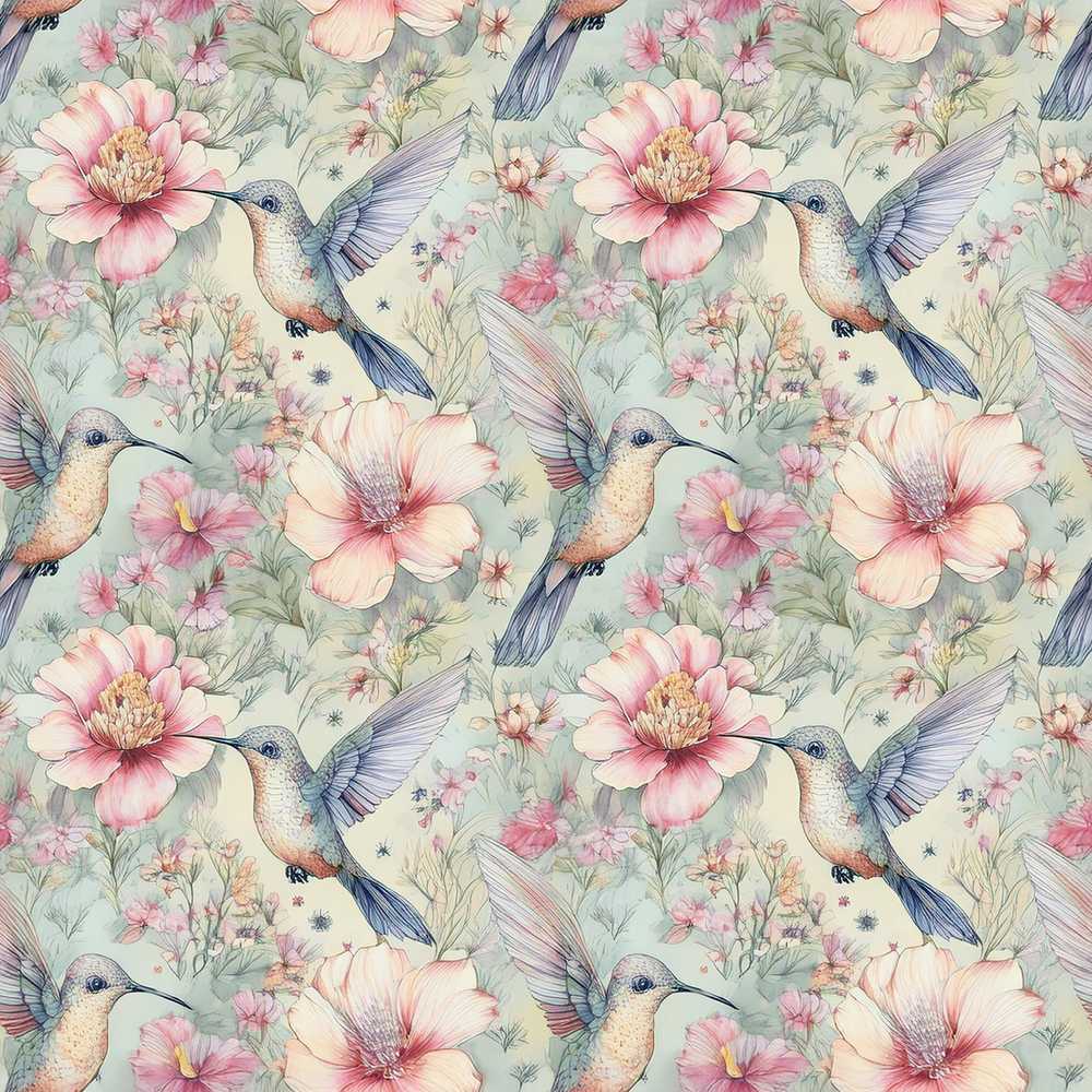 Pastel Hummingbird and Blossom Garden Wildflower Pattern Botanical