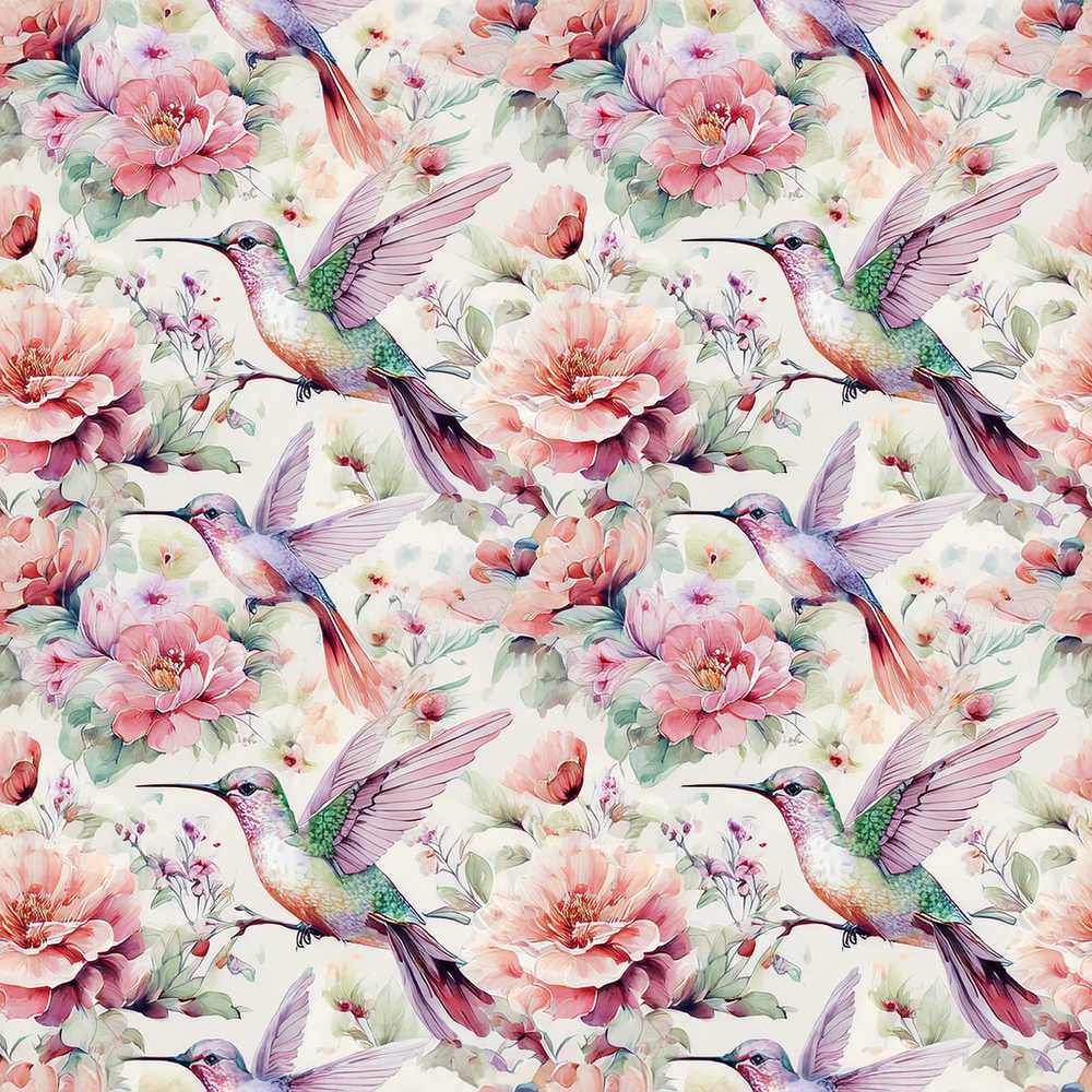 Pastel Hummingbird with Pink Peony Flowers Wildflower Pattern Botanical