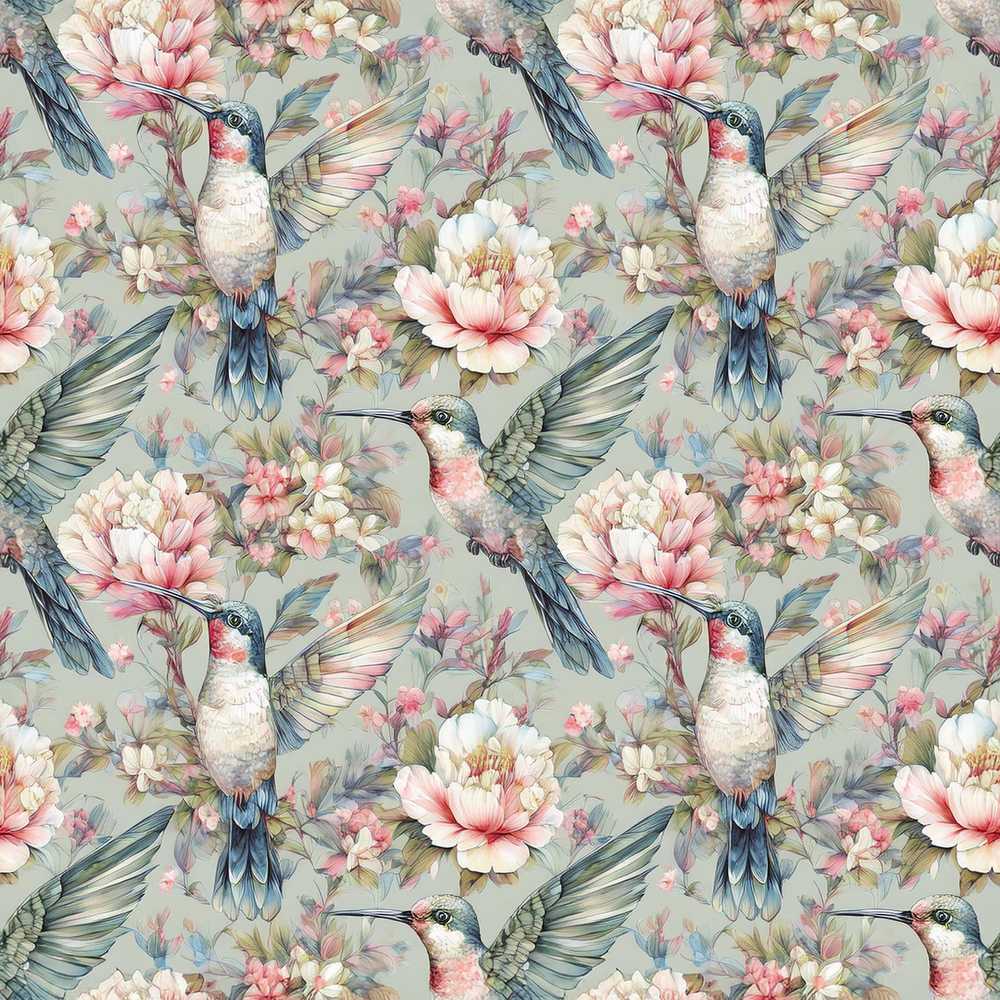Vintage Hummingbird with Soft Floral Garden Wildflower Pattern Botanical