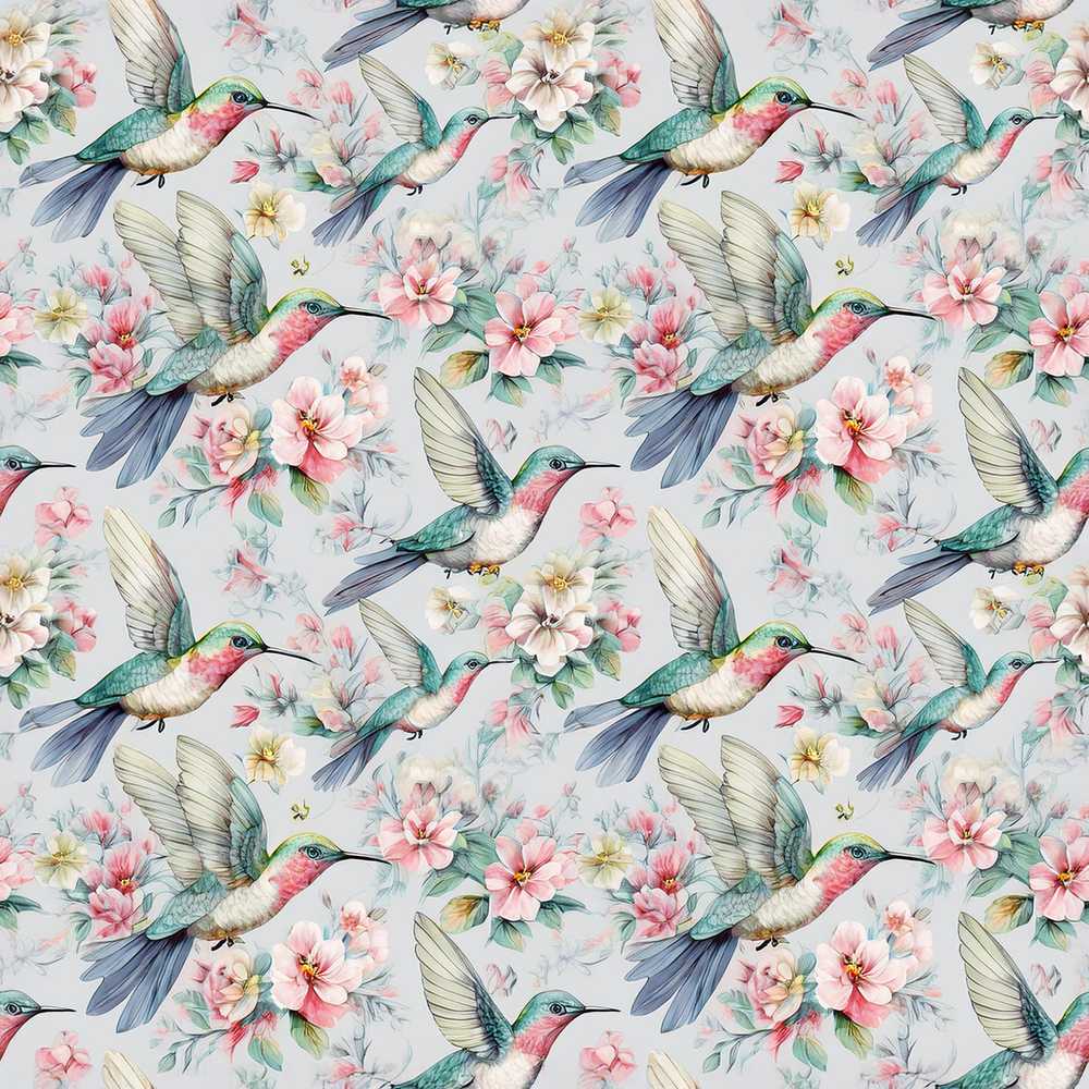 Soft Hummingbird with Blossom Floral Garden Wildflower Pattern Botanical