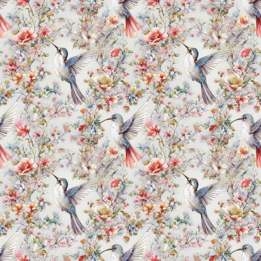 Elegant Hummingbird with Floral Bloom Garden Wildflower Pattern Botanical