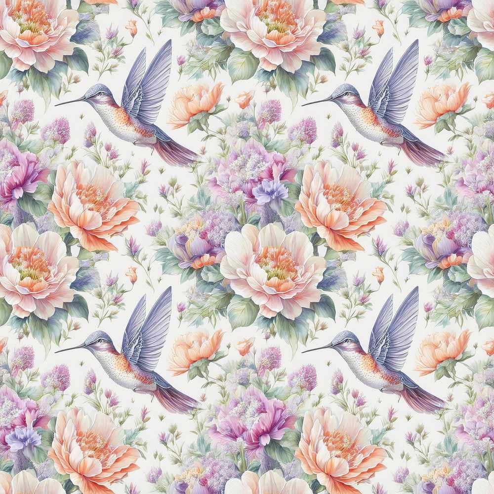 Delicate Hummingbird with Light Floral Meadow Wildflower Pattern Botanical