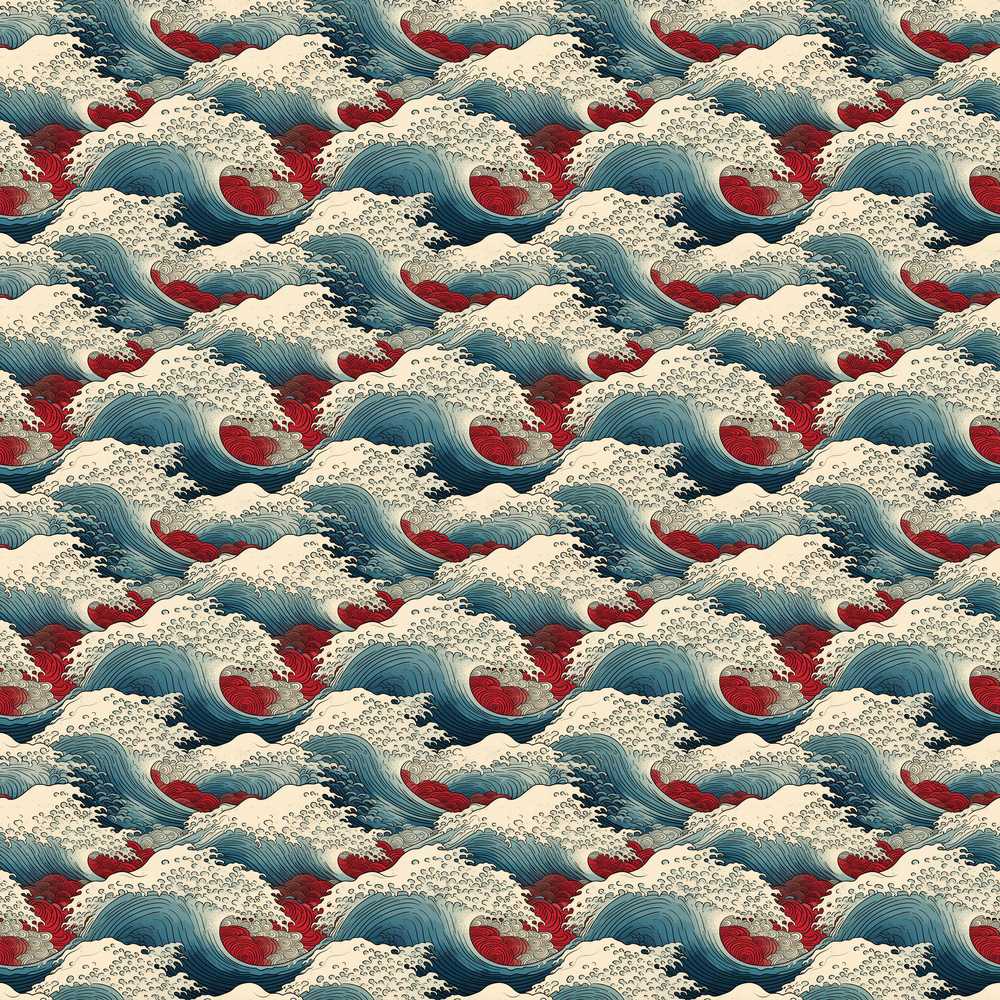 Japanese Ocean Waves with Red Accents Coastal Illustration