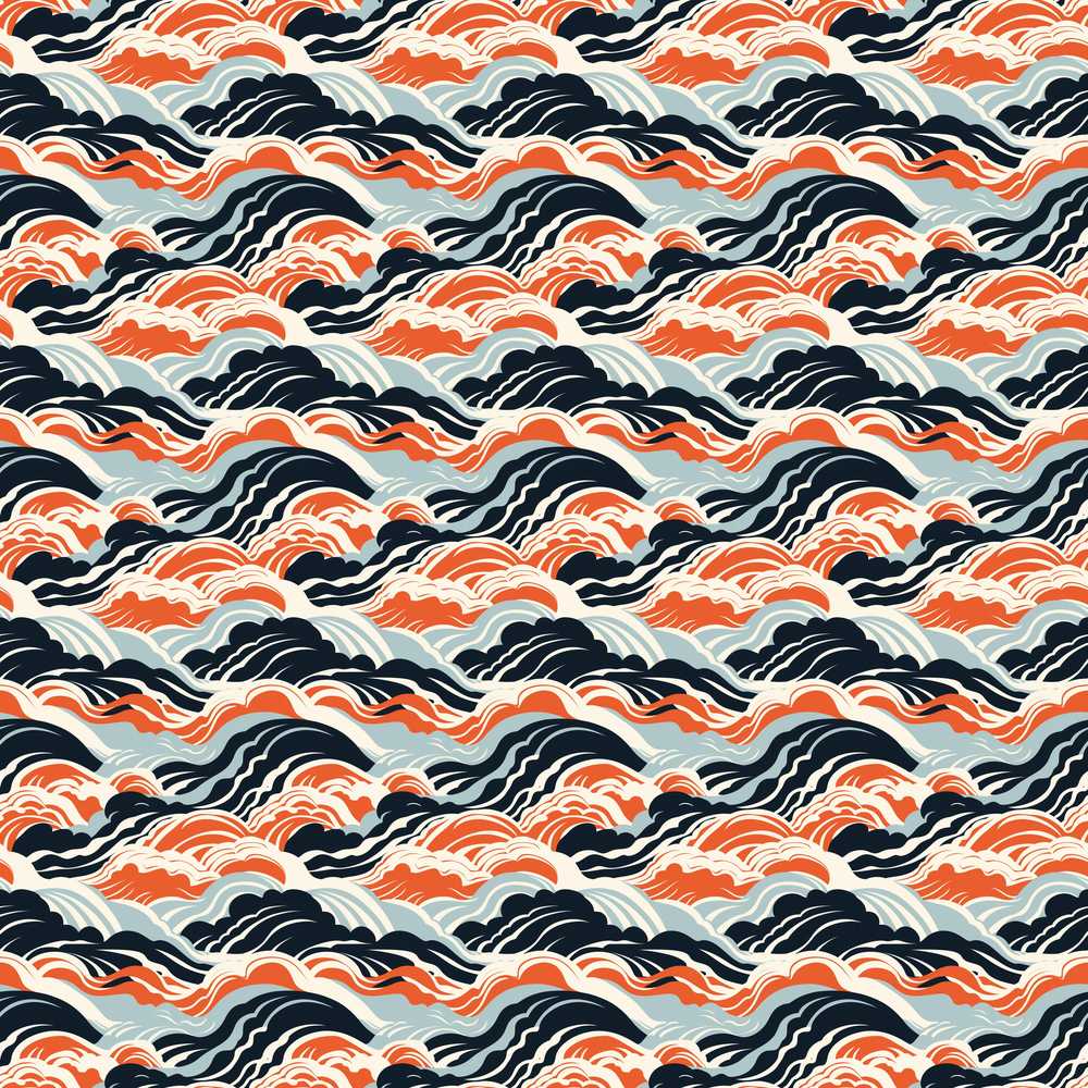 Modern Orange and Navy Ocean Waves Coastal Illustration