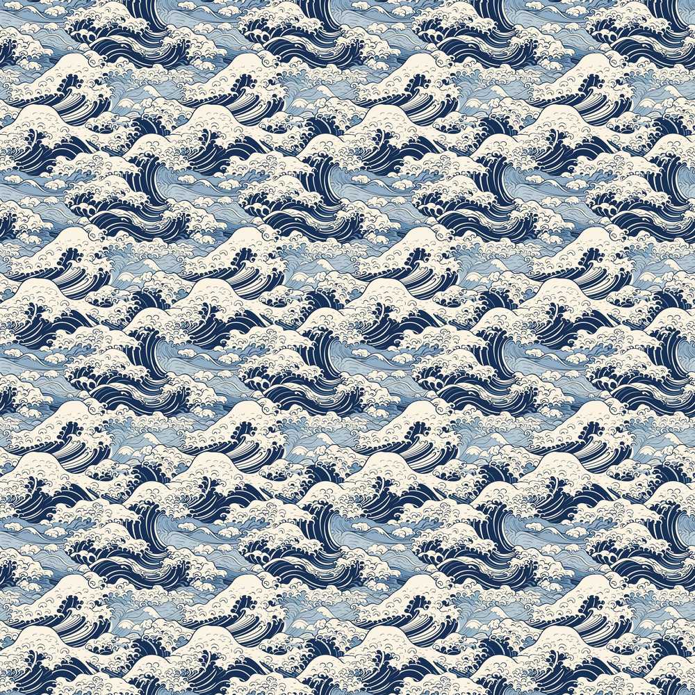Classic Blue Japanese Ocean Waves Coastal Illustration Pattern