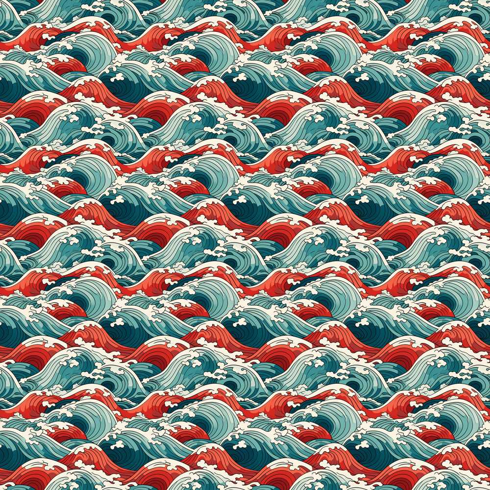 Bold Red and Teal Ocean Waves Coastal Illustration
