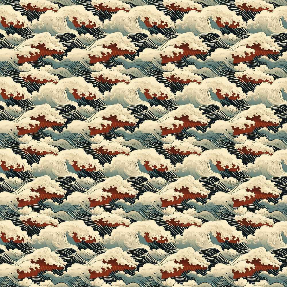 Dark Navy and Cream Japanese Waves Decorative Repeat