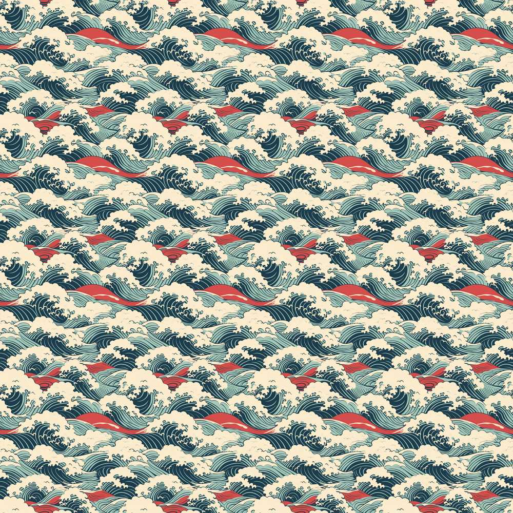 Soft Blue and Red Ocean Waves Coastal Illustration