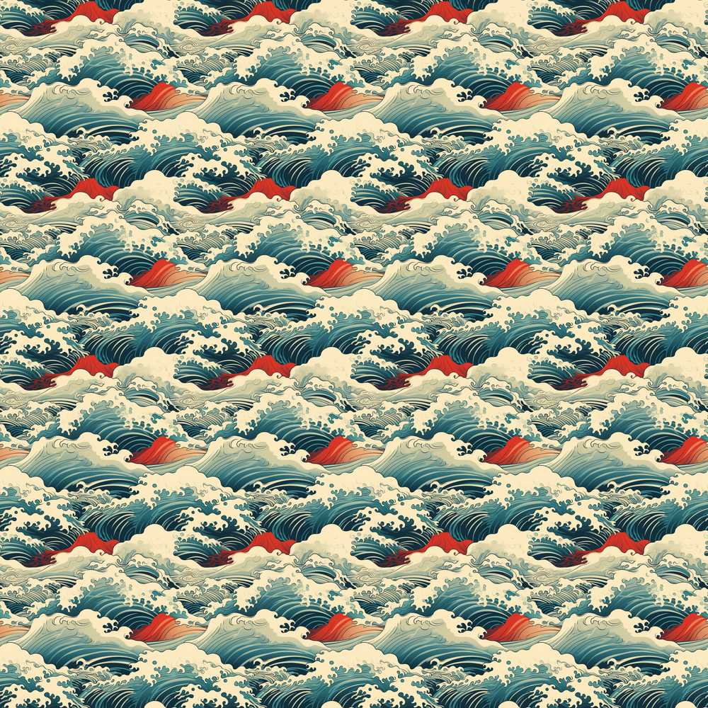 Japanese Ocean Waves with Red Accents Coastal Illustration