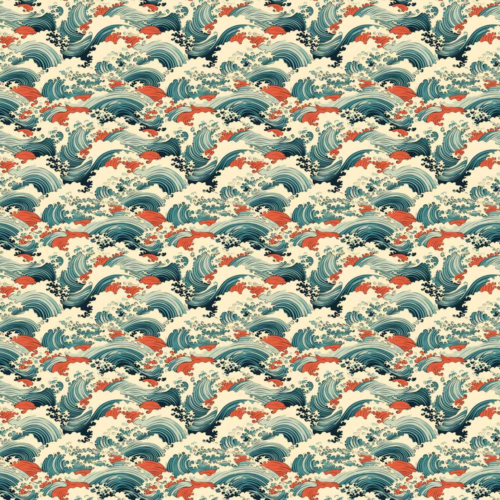 Stylised Blue and Coral Japanese Waves Coastal Illustration