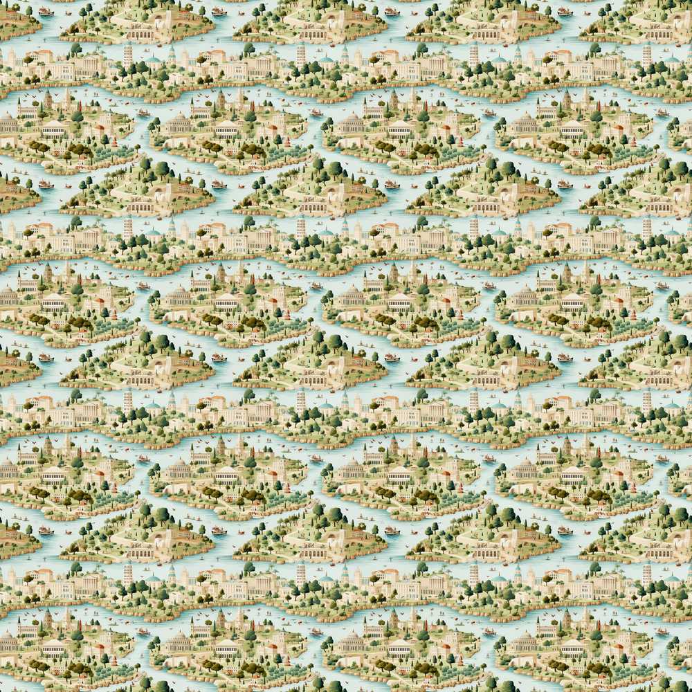 Mediterranean Coastal Town Scenic Illustration Pattern Design