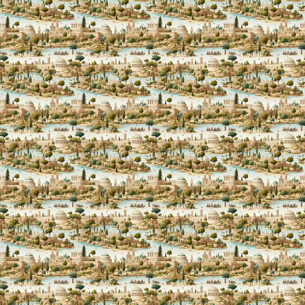Vintage Riverside Village Landscape Decorative Repeat Pattern Design