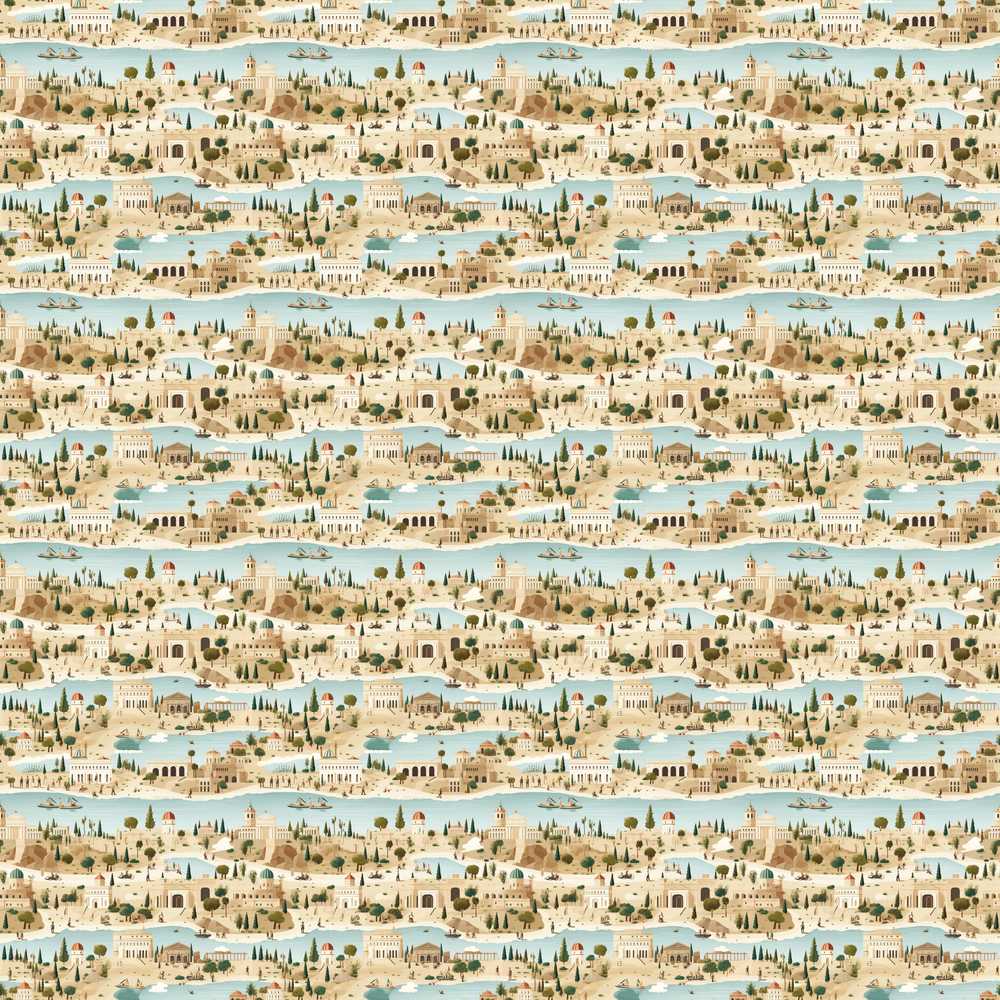 Ancient Coastal City Illustration Pattern Design Decorative