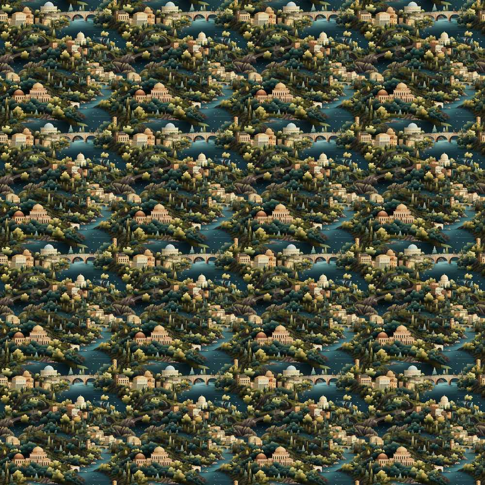 Lush River Valley Town Scenic Decorative Repeat Pattern