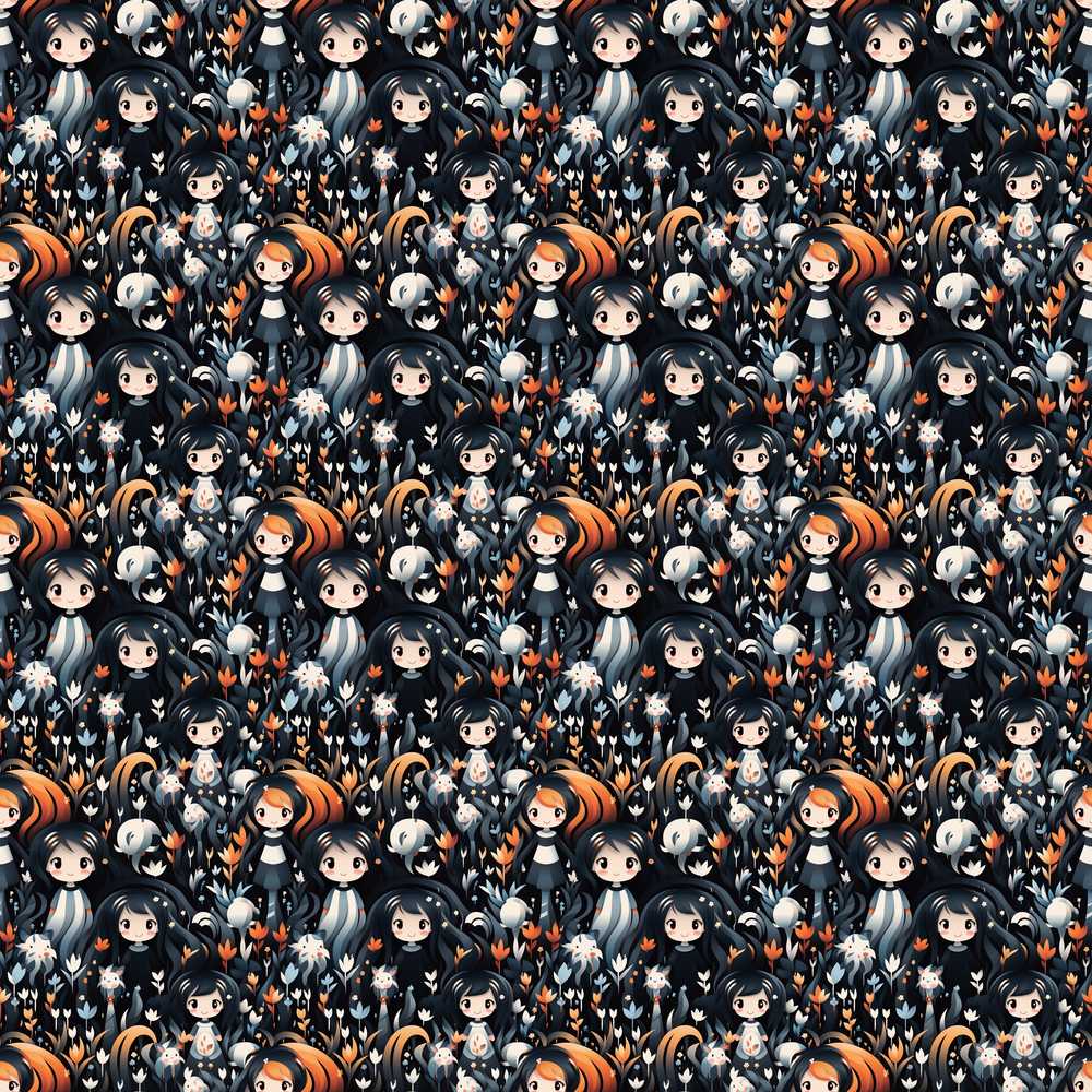 Cute Gothic Dolls with Floral Elements Wildflower Pattern Botanical