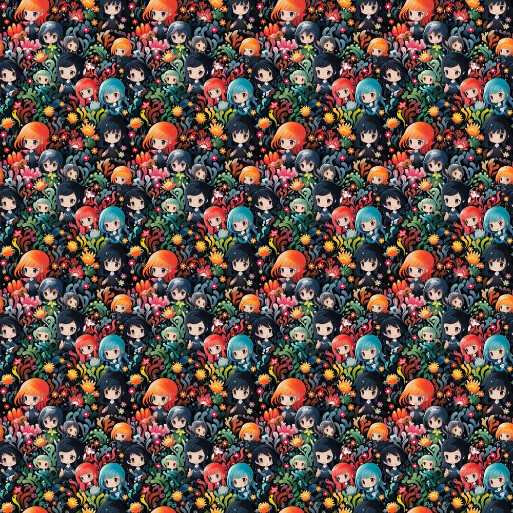 Colorful Anime Girls with Floral Garden Wildflower Pattern Botanical