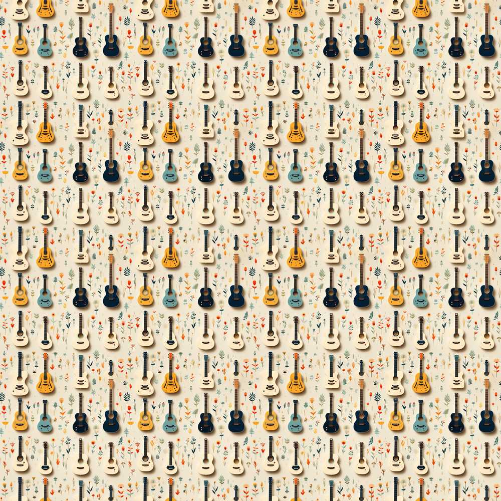 Vintage Acoustic Guitars Floral Theme Art Wildflower Pattern Botanical