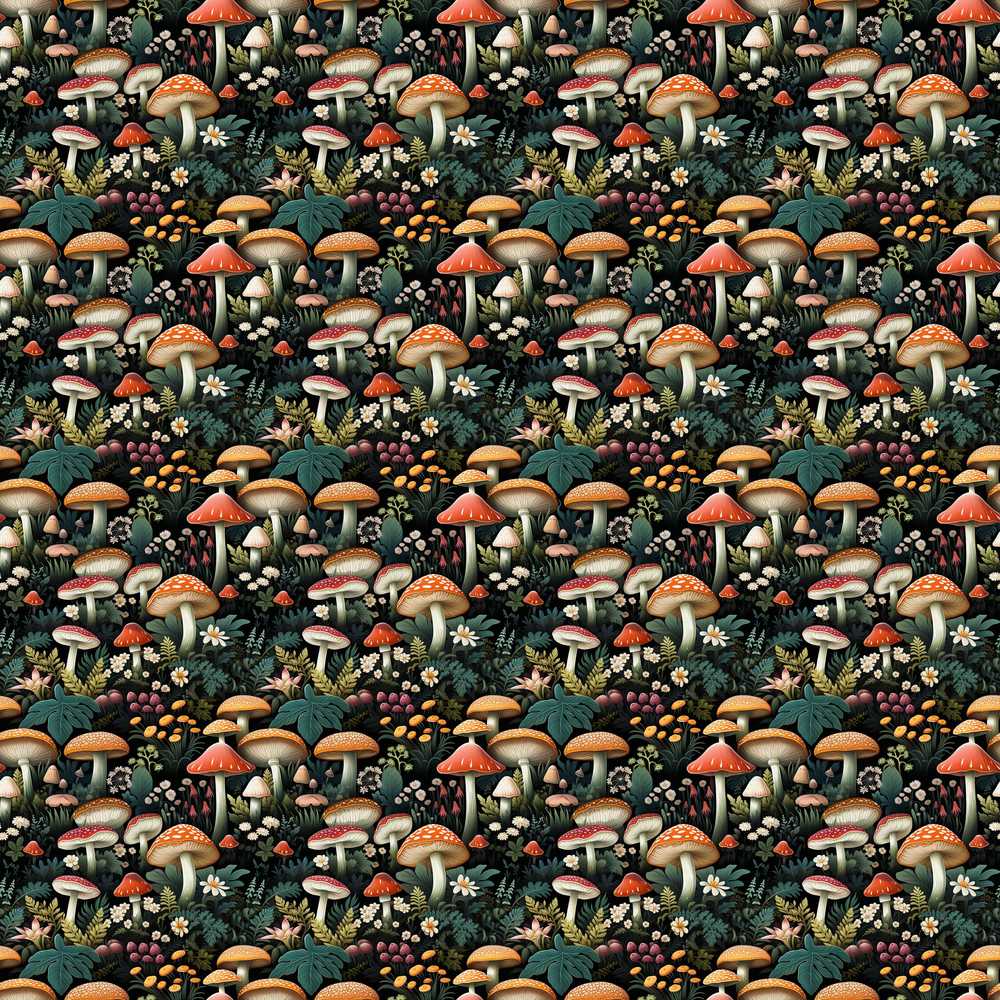Detailed Woodland Mushrooms Plants Decorative Repeat Pattern Design