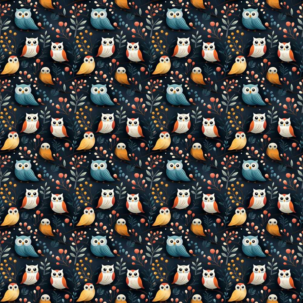 Cute Owl Birds Decorative Leaves Wildflower Pattern Botanical