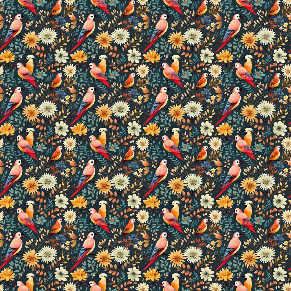 Colorful Parrot Birds Floral Jungle Wildflower Pattern Botanical