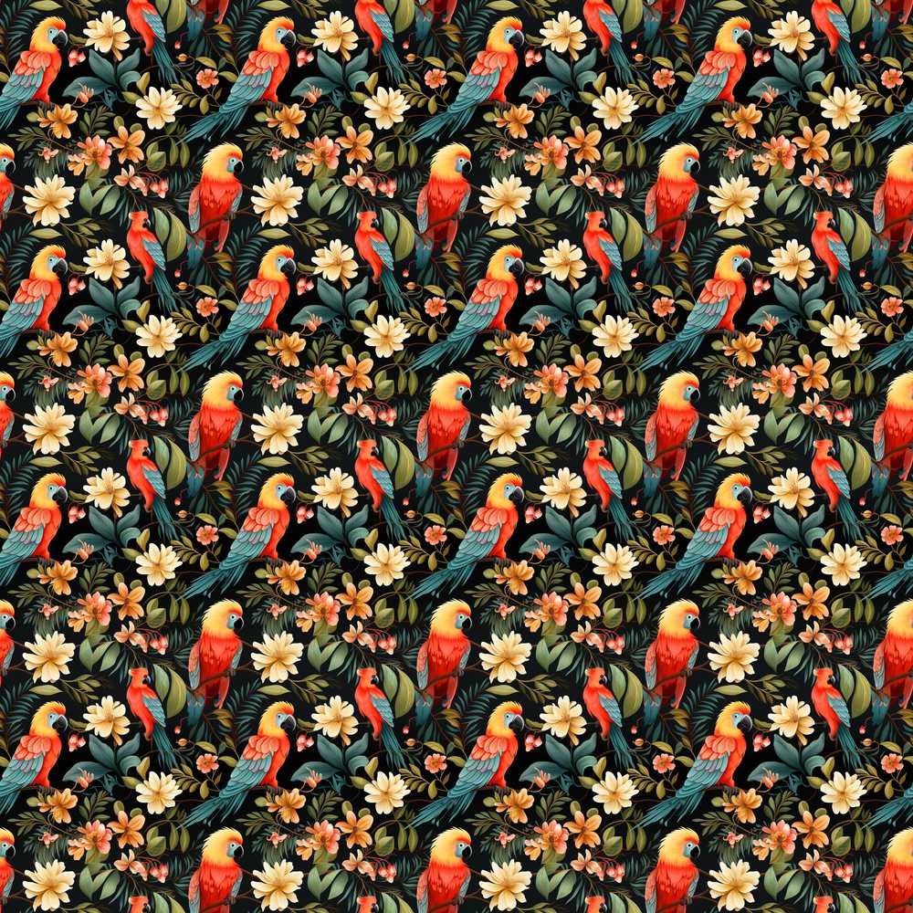 Tropical Parrot Birds and Floral Jungle Wildflower Pattern Botanical