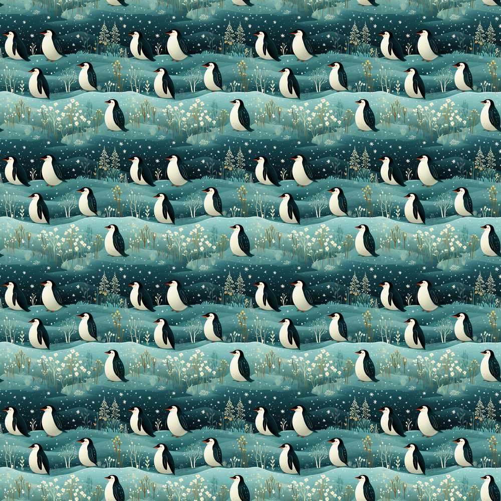 Penguin Birds Snowy Landscape Winter Decorative Repeat Pattern